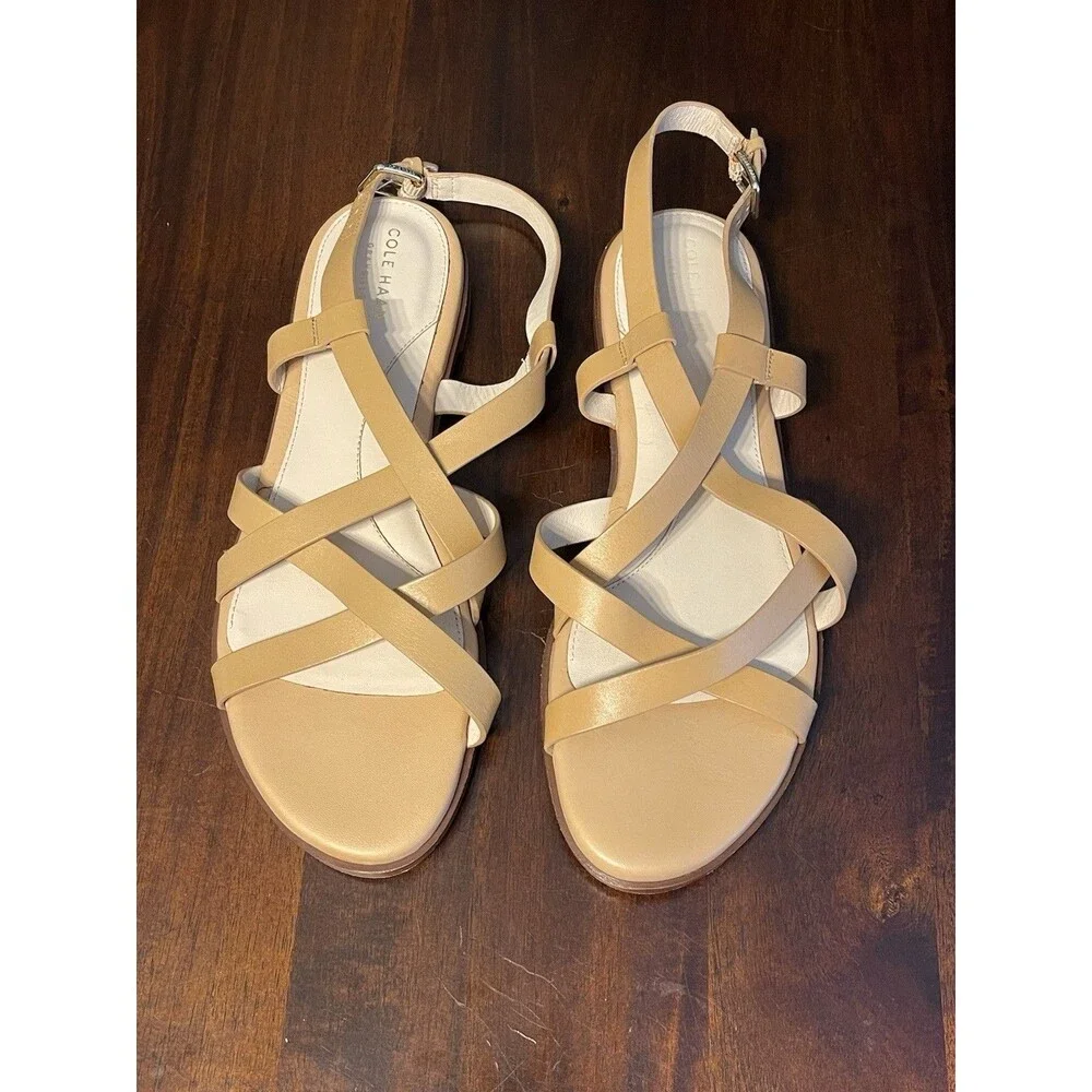 Cole Haan Women’s Beige Leather Strappy Ankle Strap Buckle Flat Sandals 9.5B